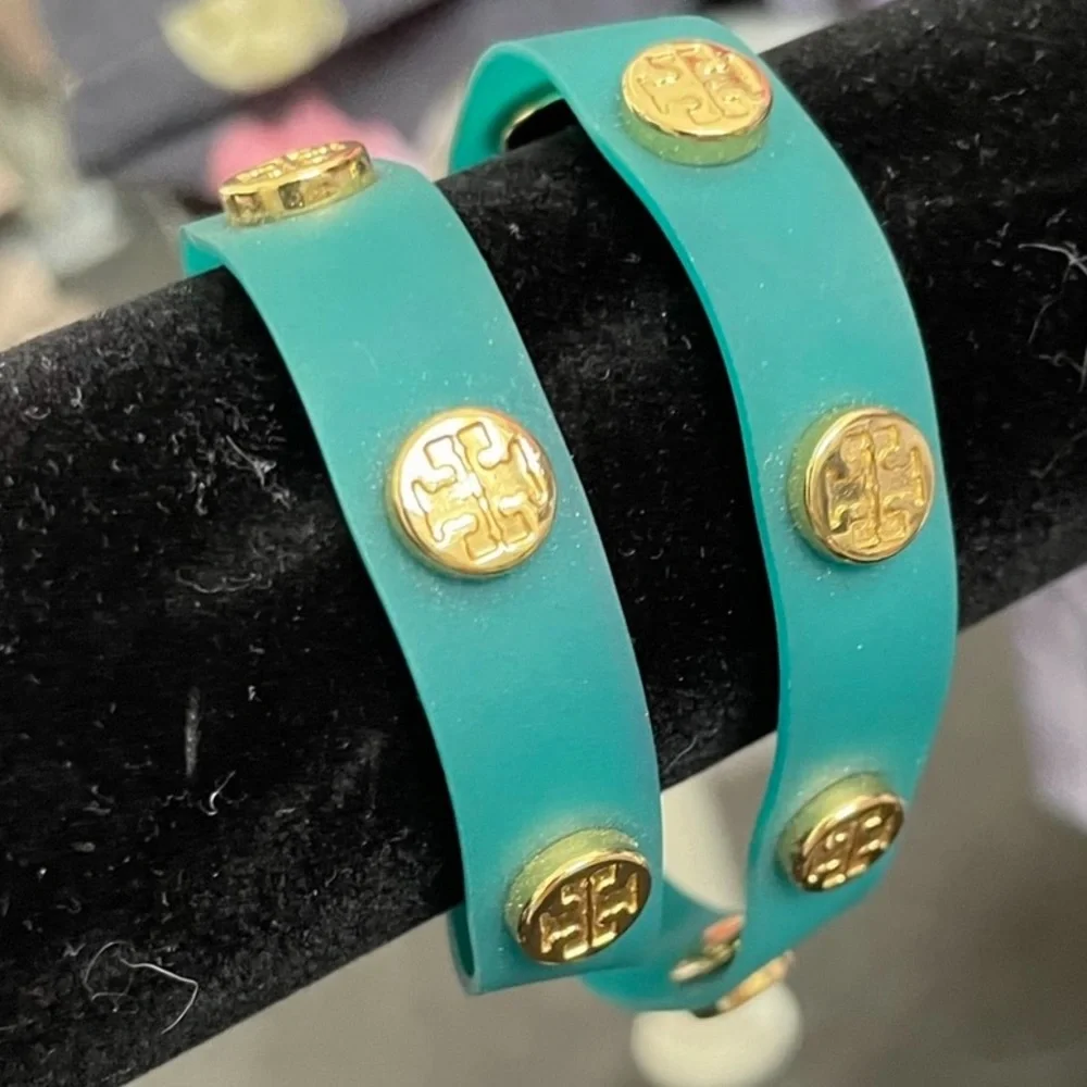 Tory Burch Logo Studded Jelly Wrap Turquoise Bracelet
